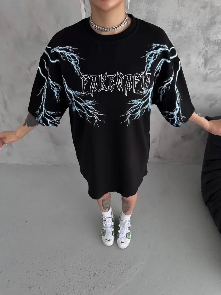 Unisex Bisiklet Yaka Baskılı Oversize T-Shirt