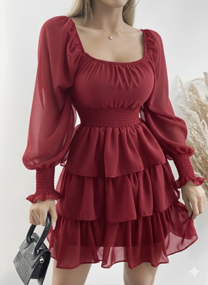 Kadın Uzun Kollu Kare Yaka Beli Lastikli Volanlı şifon Elbise