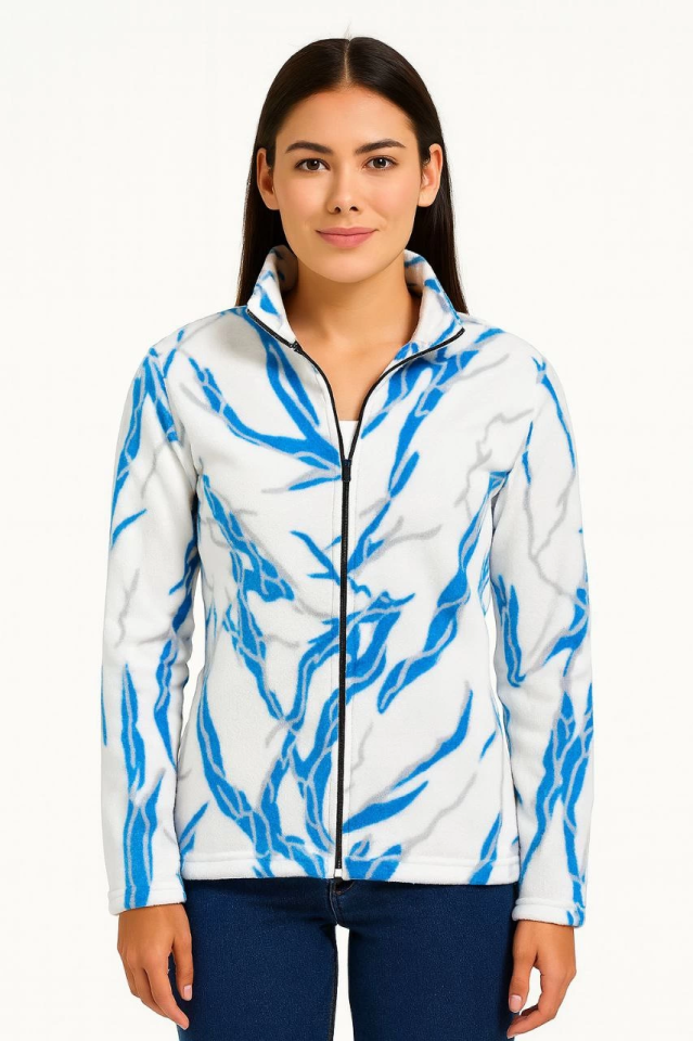 Tam Fermuarlı Desenli Polar Sweat Lightning Desen Yakalı, Uzun Kollu, Oversize Rahat Kalıp