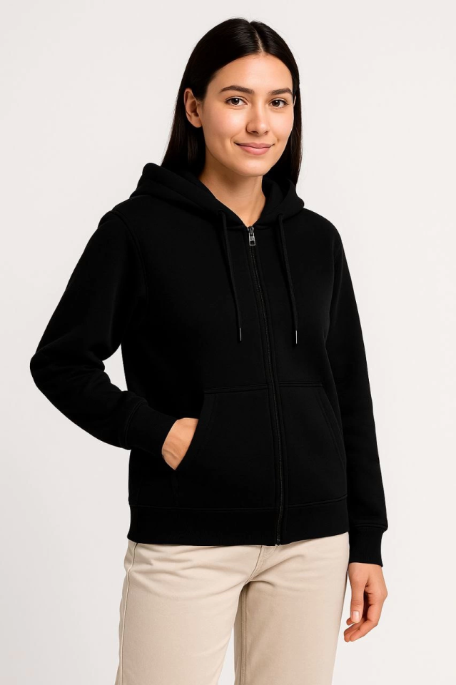Üç İplik Kapüşonlu Tam Fermuarlı Kanguru Çepli SweatShirt Hoodie