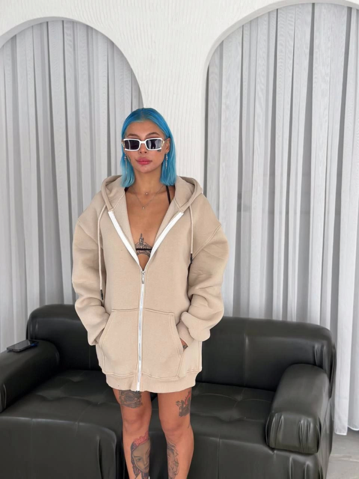 Oversize Tam Fermuarlı Uzun Kol Hırka