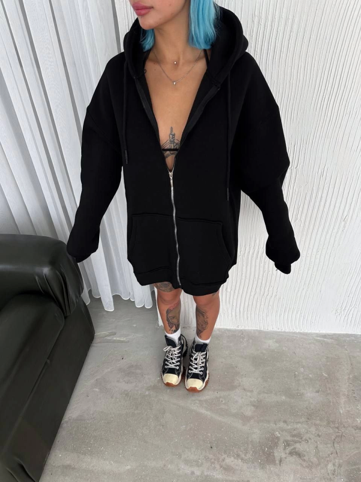 Oversize Tam Fermuarlı Uzun Kol Hırka