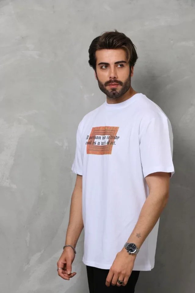 Unisex Bisiklet Yaka Baskılı Oversize T-Shirt