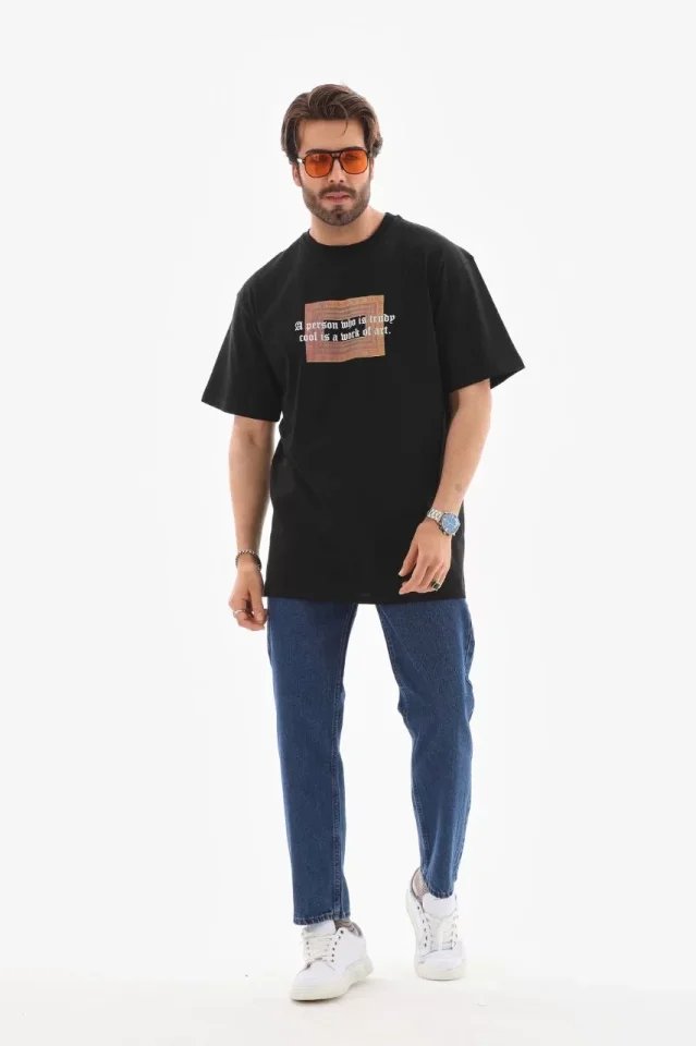 Unisex Bisiklet Yaka Baskılı Oversize T-Shirt