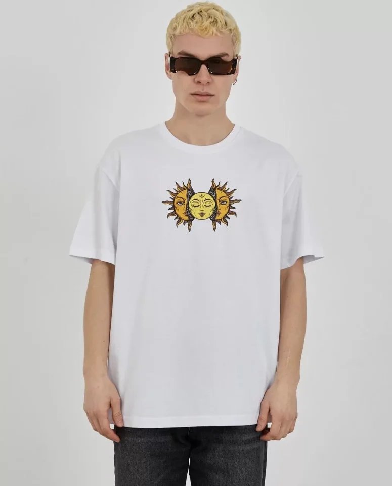 Unisex Bisiklet Yaka Baskılı Oversize T-Shirt