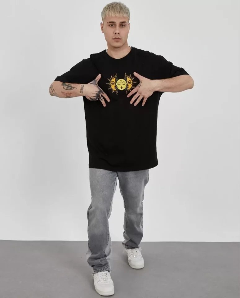 Unisex Bisiklet Yaka Baskılı Oversize T-Shirt