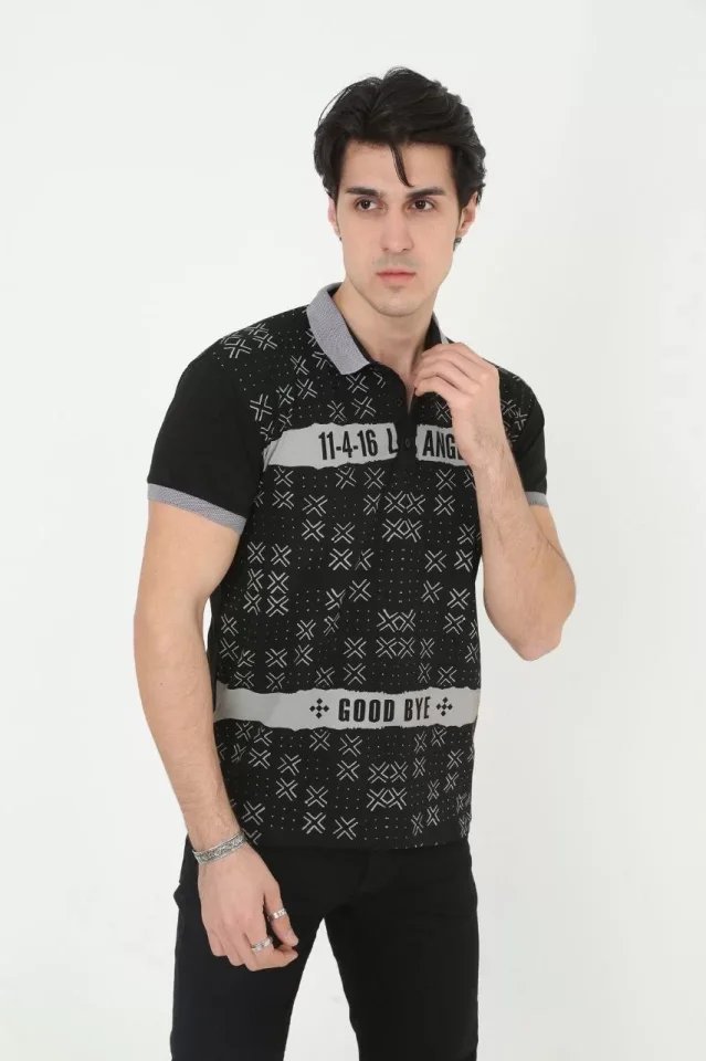 Erkek Yakalı Slim Fit Baskılı T-Shirt