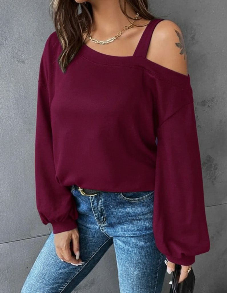 Kadın Uzun Kollu Tek Omuz Askı Detay Salaş Viskon Iki Iplik Bluz