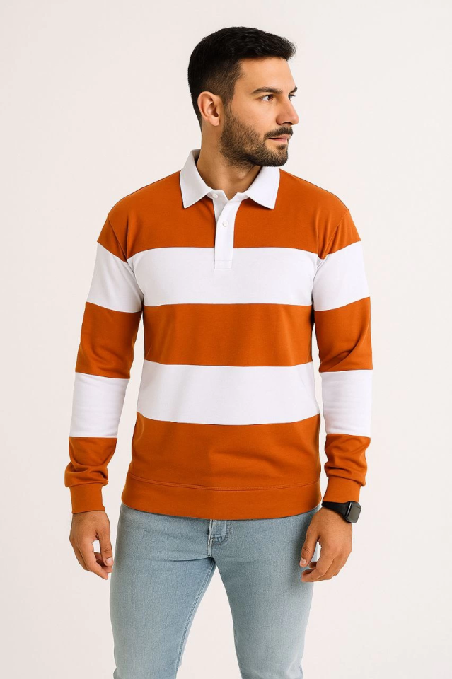 Erkek Polo Yaka Uzun Kollu Çizgili Sweatshirt Trend Rugby Stil