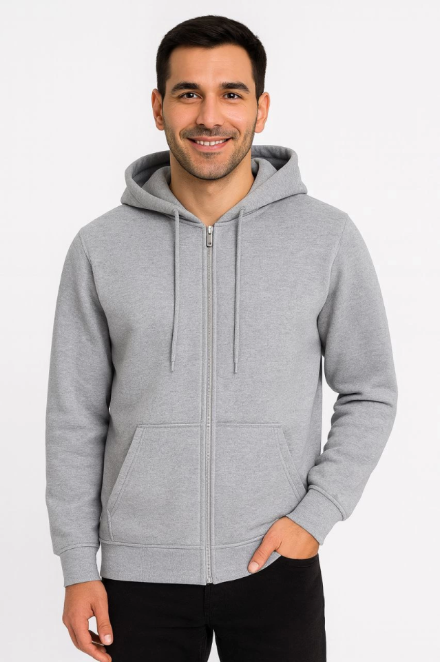 Erkek Üç İplik Kapüşonlu Tam Fermuarlı Kanguru Çepli SweatShirt Hoodie
