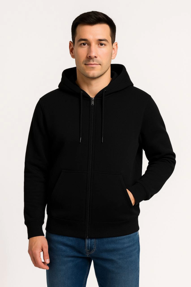 Erkek Üç İplik Kapüşonlu Tam Fermuarlı Kanguru Çepli SweatShirt Hoodie