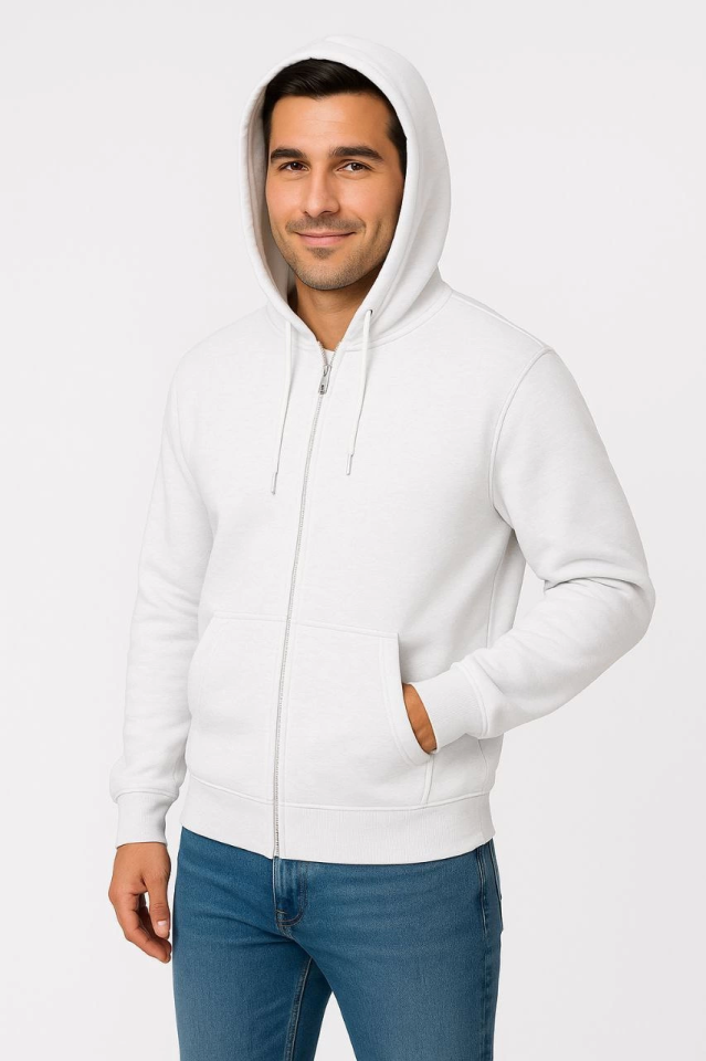 Erkek Üç İplik Kapüşonlu Tam Fermuarlı Kanguru Çepli SweatShirt Hoodie