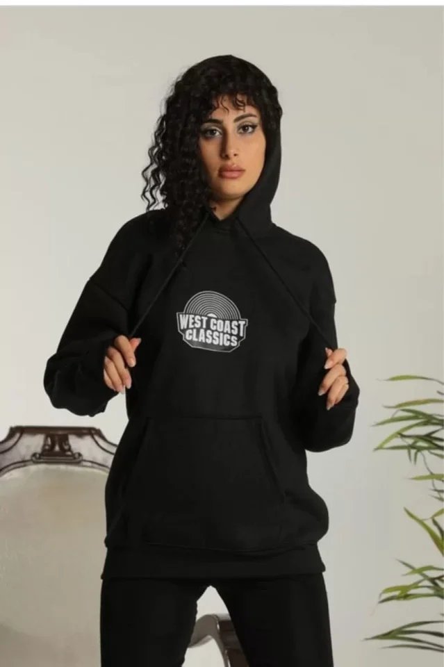 Unisex Sırt Baskılı Kapüşonlu Üç İplik Oversize Sweatshirt