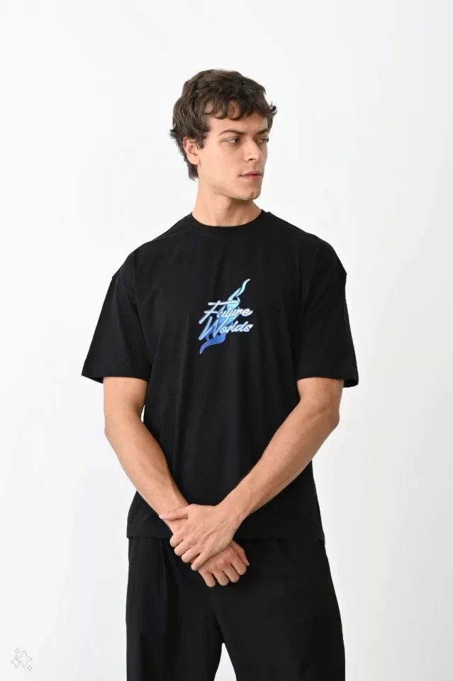 Unisex Bisiklet Yaka Baskılı Oversize T-Shirt