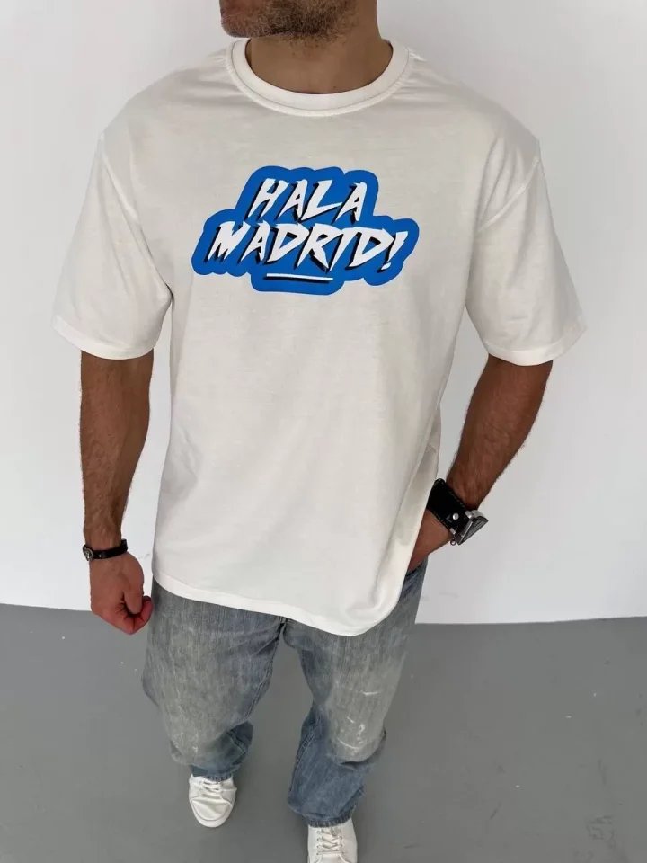 Unisex Bisiklet Yaka Baskılı Oversize T-Shirt