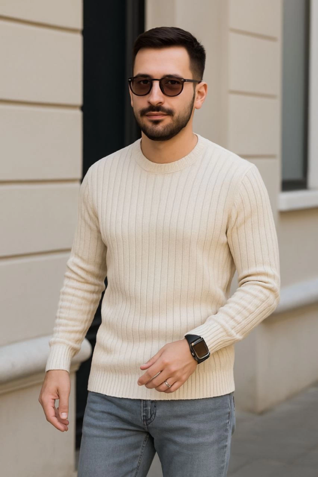 Erkek Bisiklet Yuvarlak Yaka Triko Kazak Pamuklu Kalın Fitilli Dokuma, Regular Fit Uzun Kollu Kışlık Model