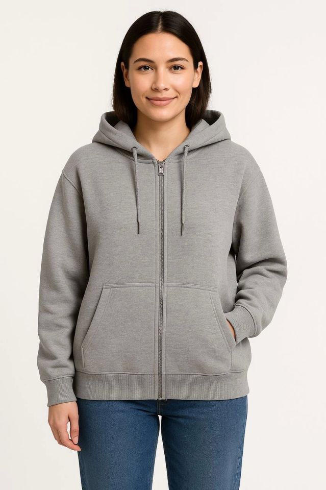 Üç İplik Kapüşonlu Tam Fermuarlı Kanguru Çepli SweatShirt Hoodie