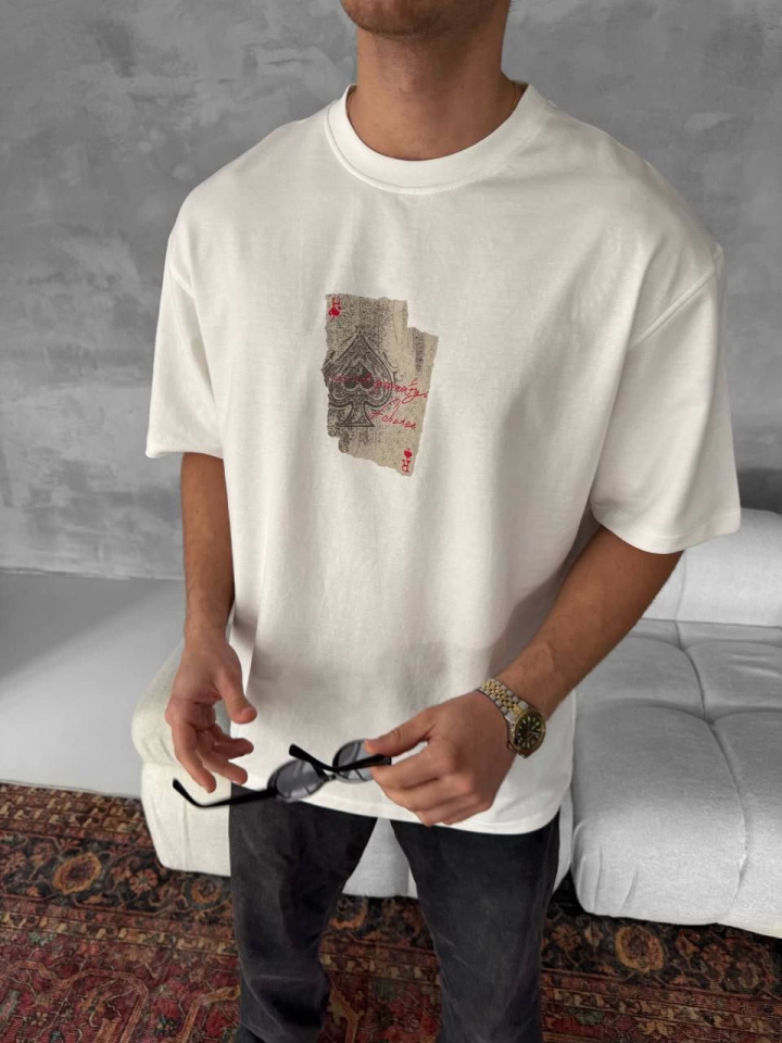 Erkek Ön Ve Arka Baskılı Oversize Bisiklet Yaka T-shirt