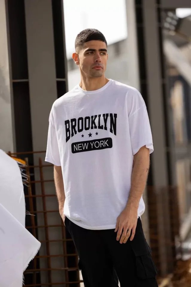 Unisex Bisiklet Yaka Baskılı Oversize T-Shirt