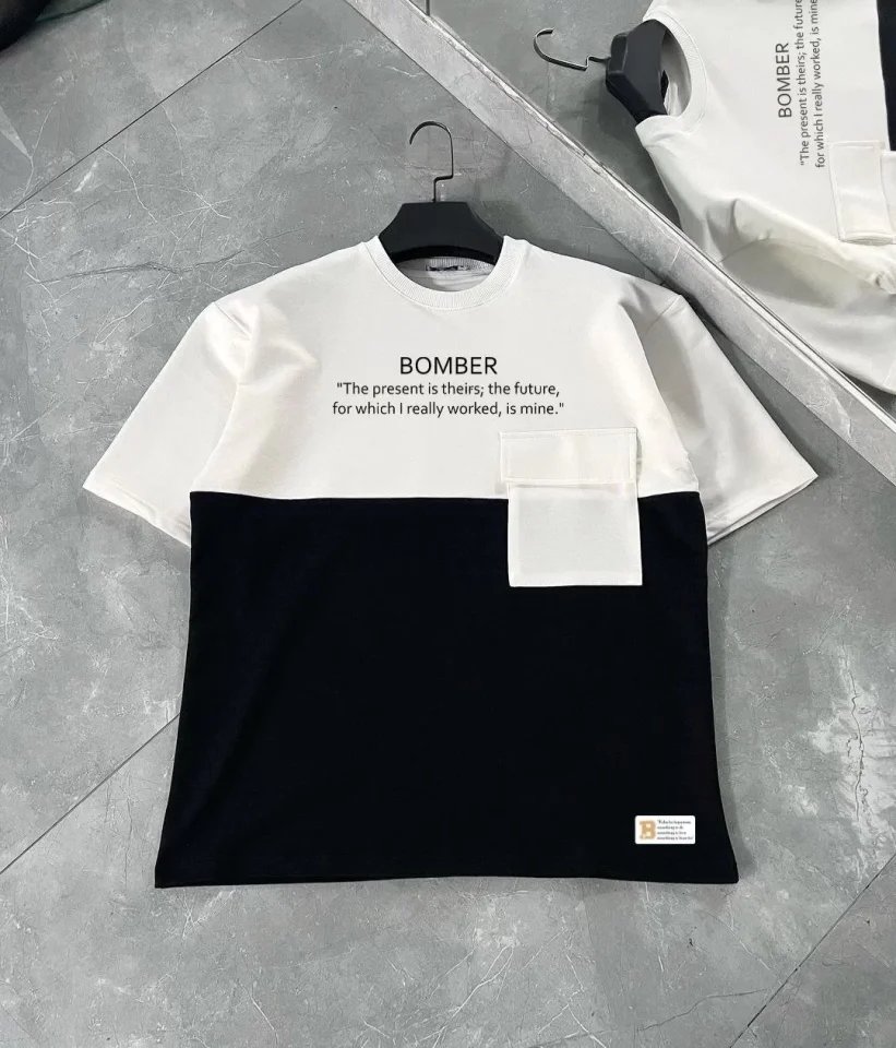 Unisex Torba Cep Detaylı  Parçalı T-Shirt