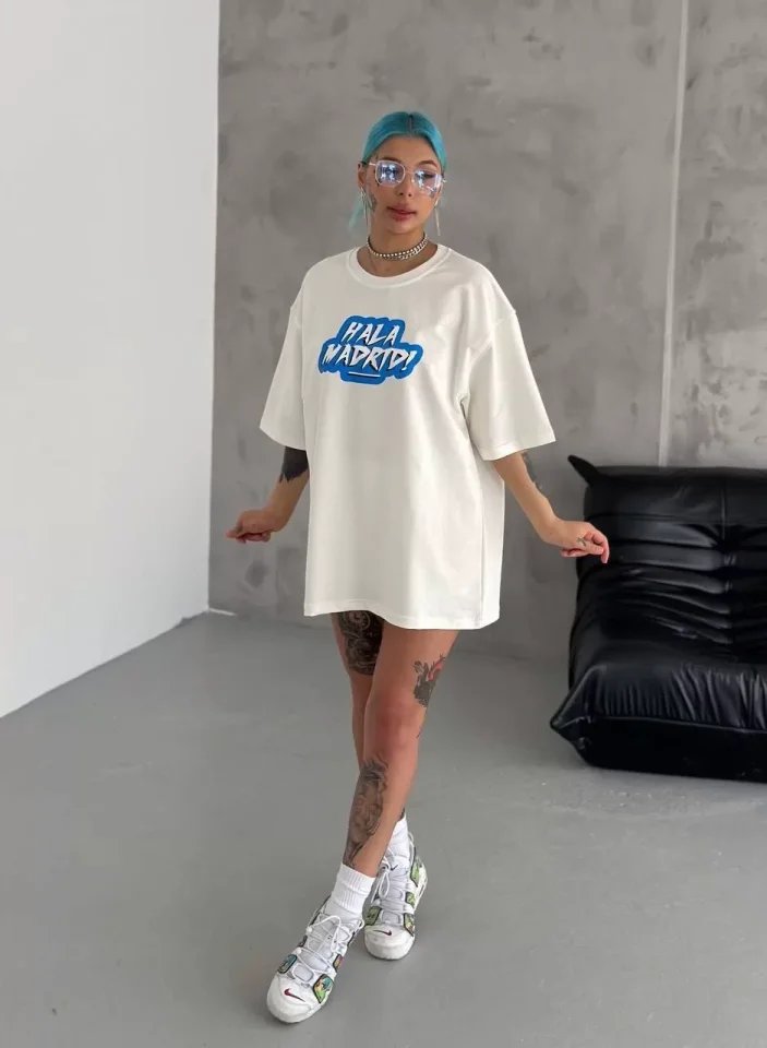 Unisex Bisiklet Yaka Baskılı Oversize T-Shirt