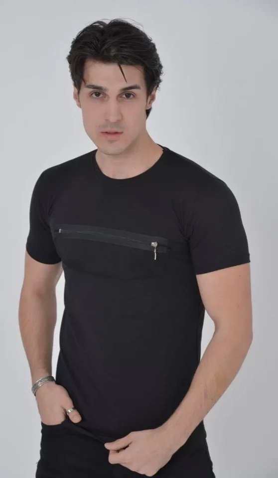Erkek Göğüste Fermuar Aksesuarlı Dar Kalıp T-Shirt