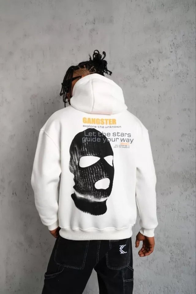 Erkek Kordonlu Maske Baskılı Kapüşonlu Sweat