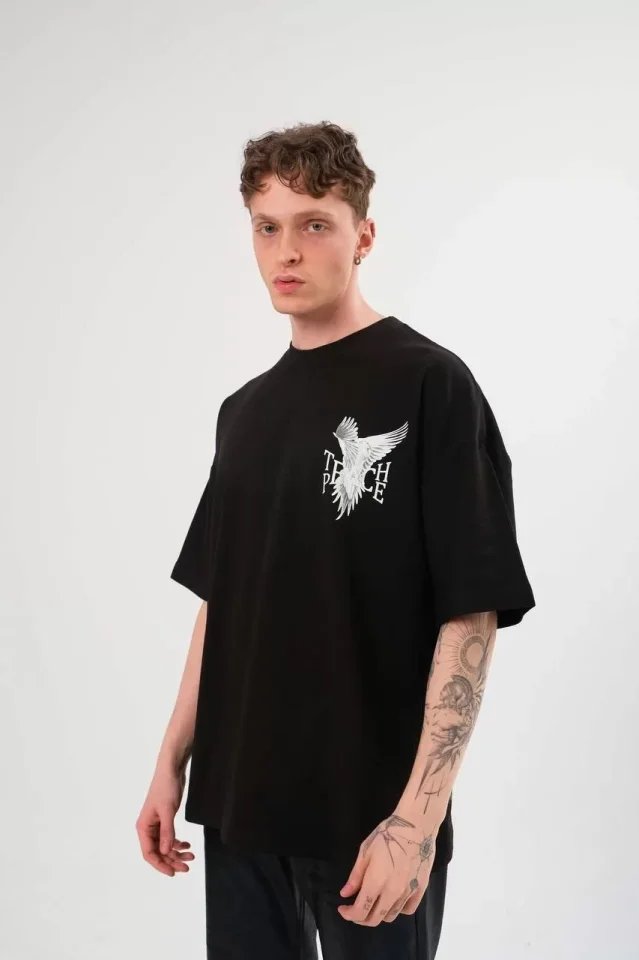 Unisex Bisiklet Yaka Baskılı Oversize T-Shirt