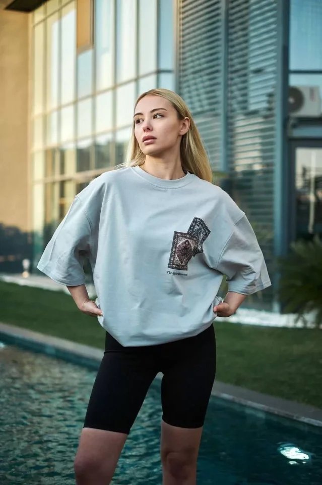 Unisex Bisiklet Yaka Baskılı Oversize T-Shirt