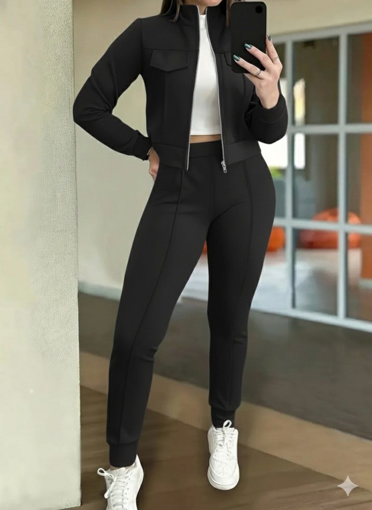 Kadın Uzun Kollu önden Fermuarlı Kısa Modal Mor Ceket Ve Pantolon Ikili Takım