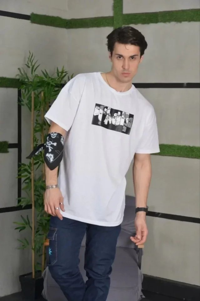 Unisex Bisiklet Yaka Baskılı Oversize T-Shirt