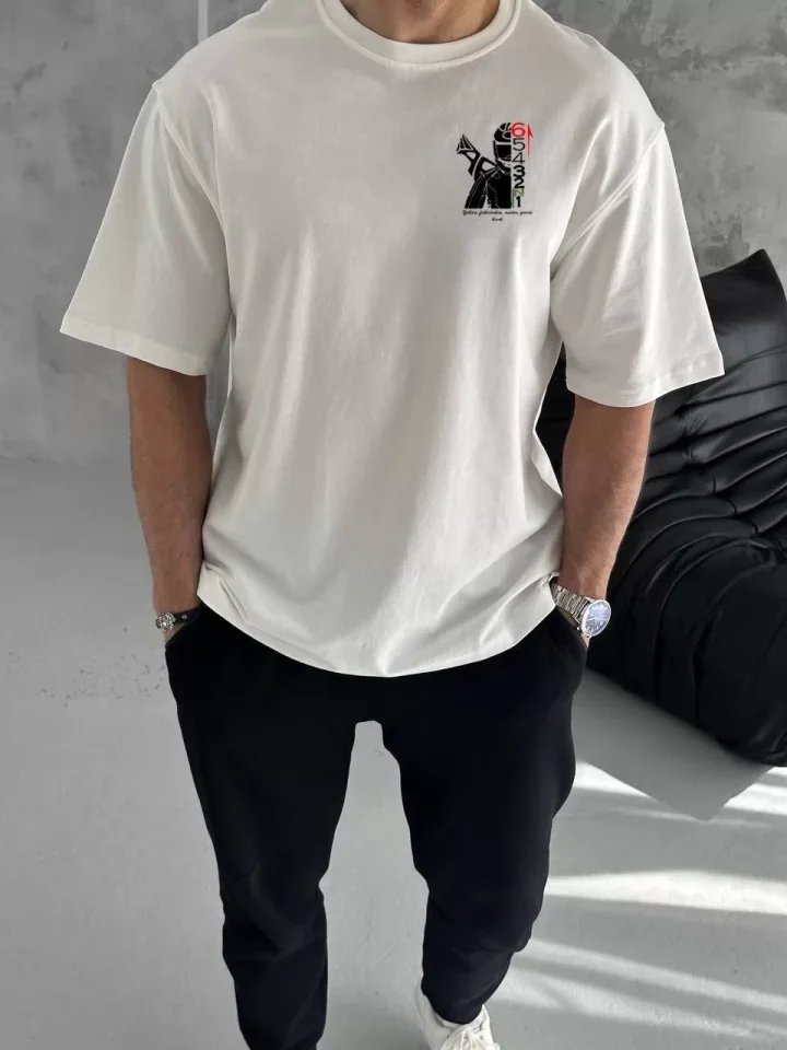 Unisex Bisiklet Yaka Baskılı Oversize T-Shirt