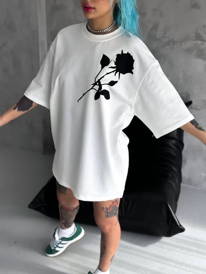 Unisex Bisiklet Yaka Baskılı Oversize T-Shirt