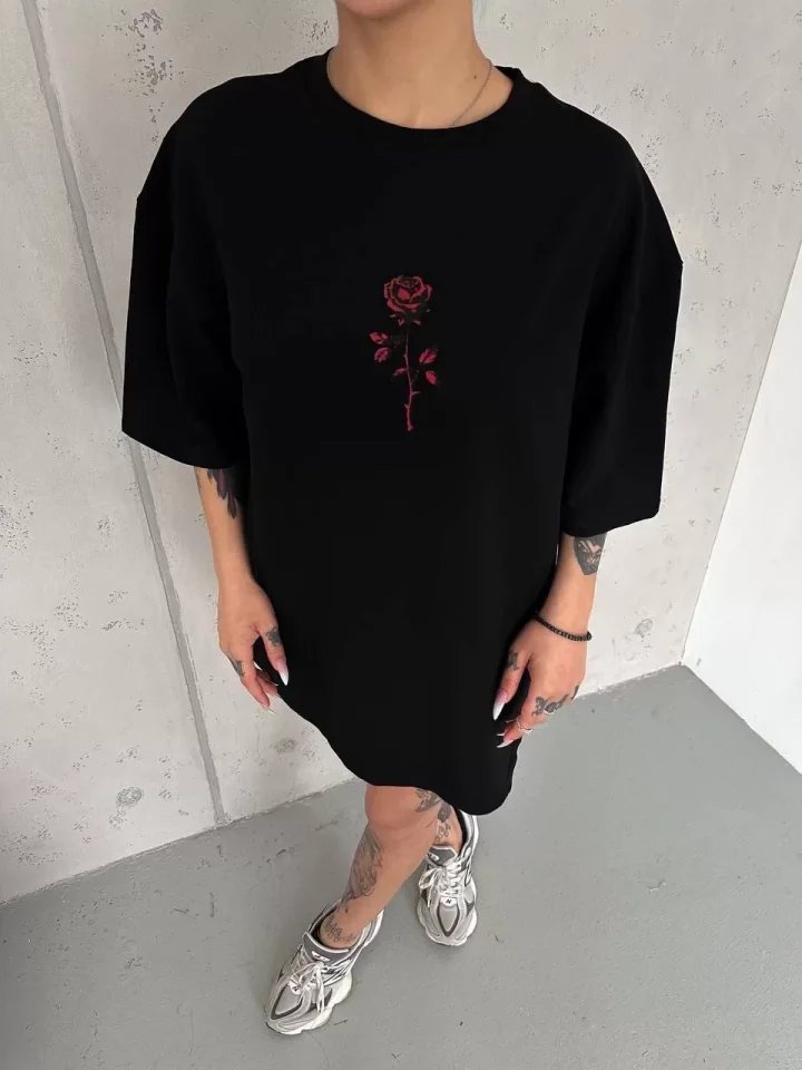 Unisex Bisiklet Yaka Baskılı Oversize T-Shirt