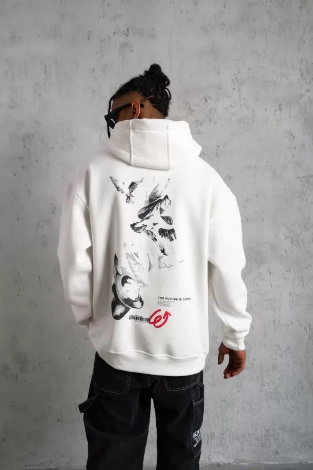 Erkek Şapkalı Güvercin Baskılı Kapşonlu Sweat