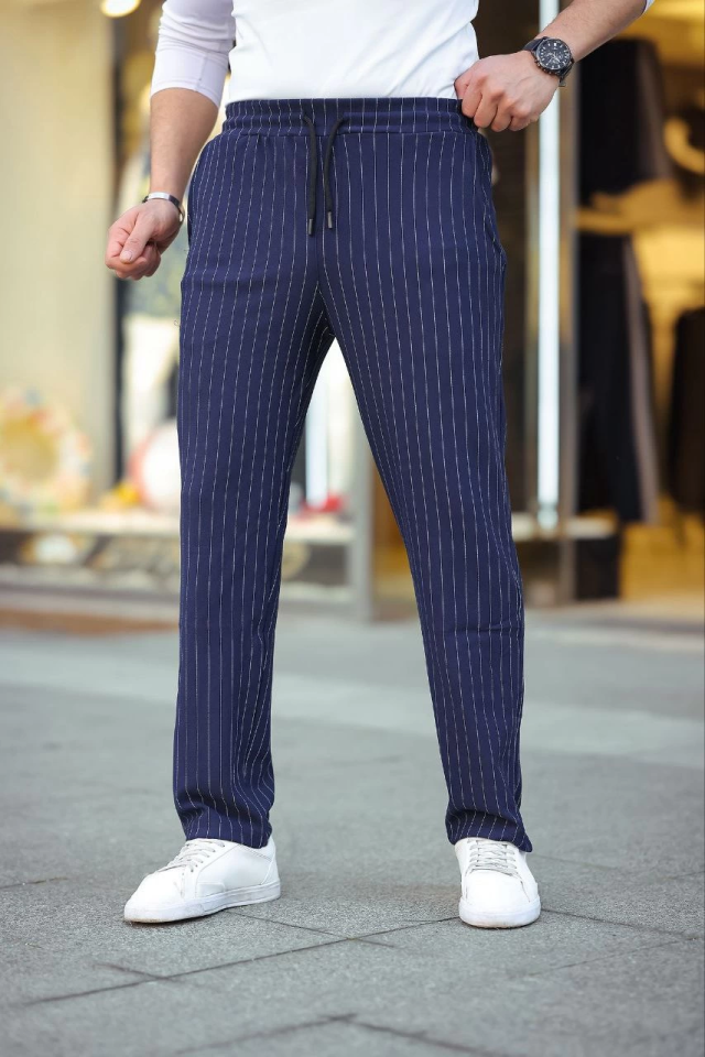 Erkek Cizgili Dokuma Krep Jogger Buggy Pantalon Rahat Kalıp