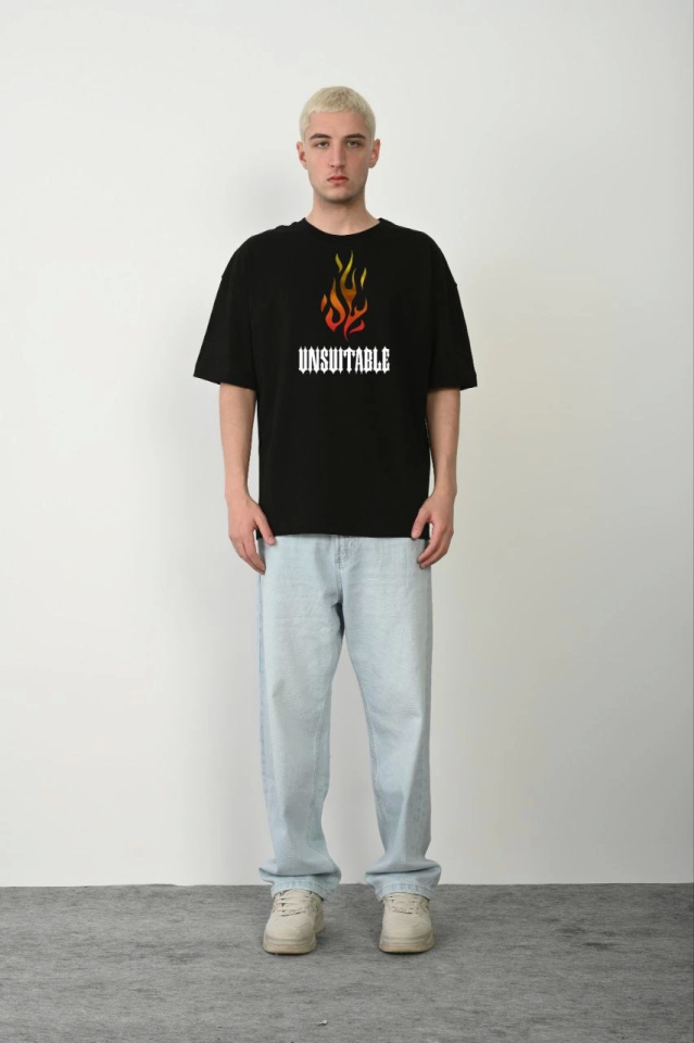 Unisex Bisiklet Yaka Baskılı Oversize T-Shirt