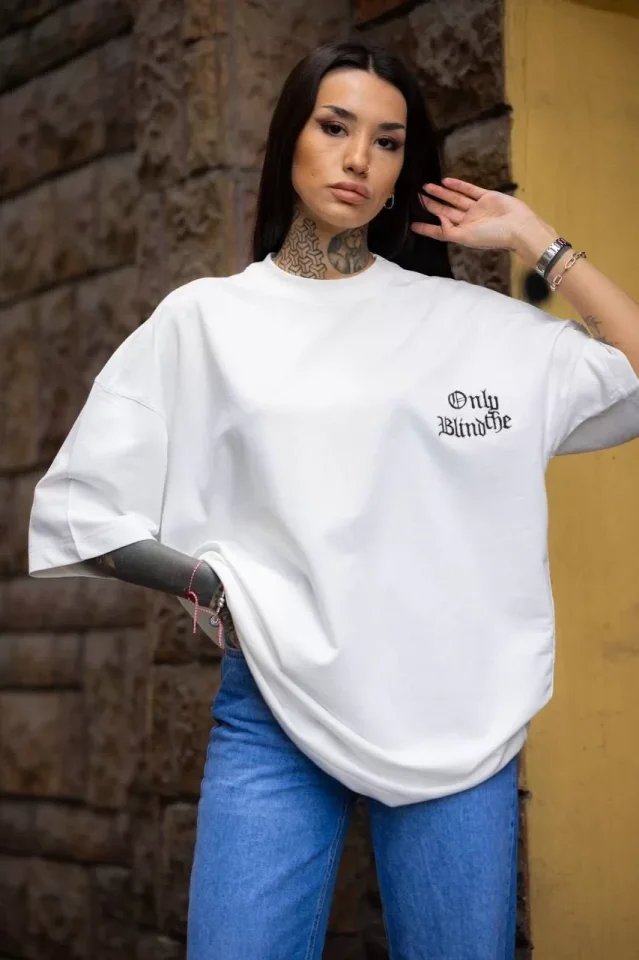 Unisex Bisiklet Yaka Baskılı Oversize T-Shirt