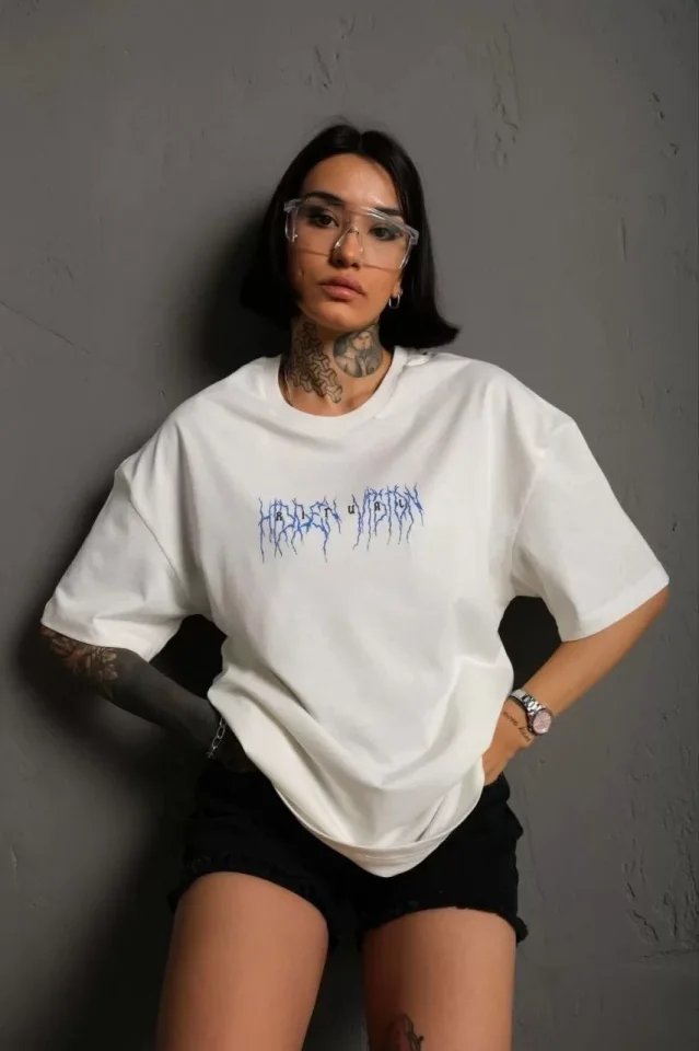 Unisex Bisiklet Yaka Baskılı Oversize T-Shirt