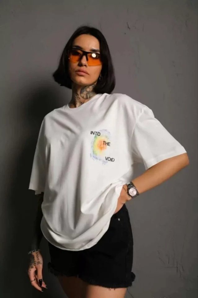 Unisex Bisiklet Yaka Baskılı Oversize T-Shirt