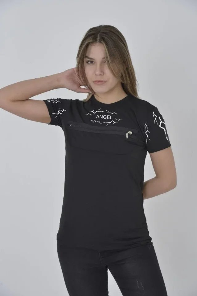 Unisex Göğüs Fermuarlı Baskılı T-Shirt