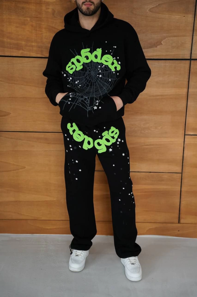 Erkek Kapüşonlu Eşofman Takım Örümcek Ağı Ve Neon Yeşil Baskılı Kanguru Cepli Oversize Rahat Kalıp, Premium Üç İplik Kumaş