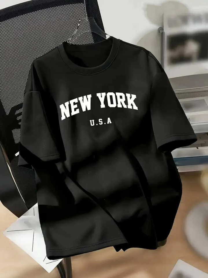 New York Baskılı Oversize Bisiklet Yaka T-shirt