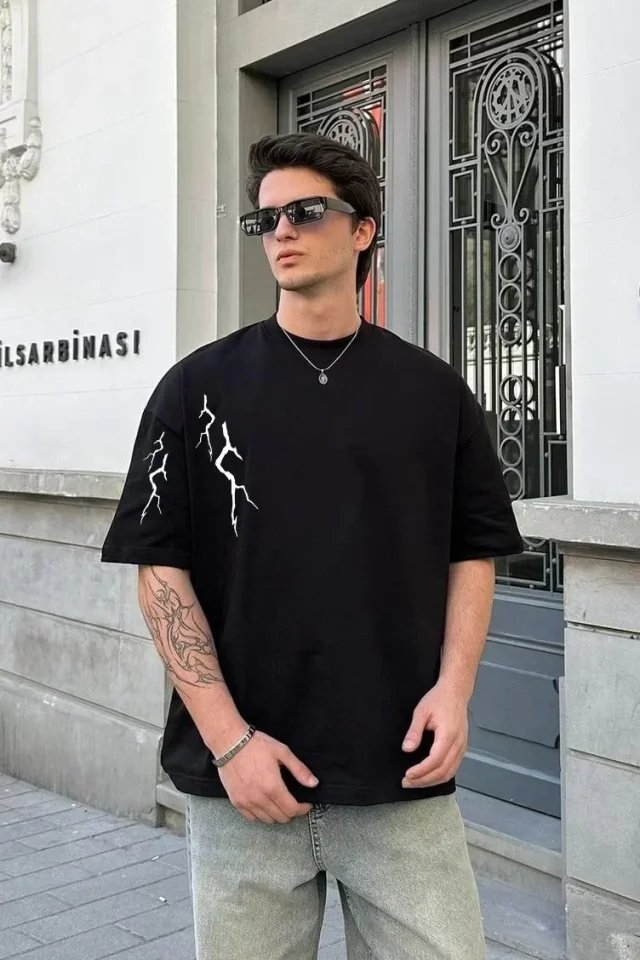 Unisex Bisiklet Yaka Baskılı Oversize T-Shirt