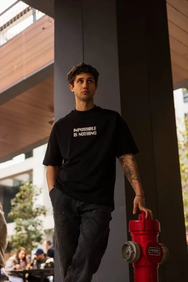 Unisex Bisiklet Yaka Baskılı Oversize T-Shirt