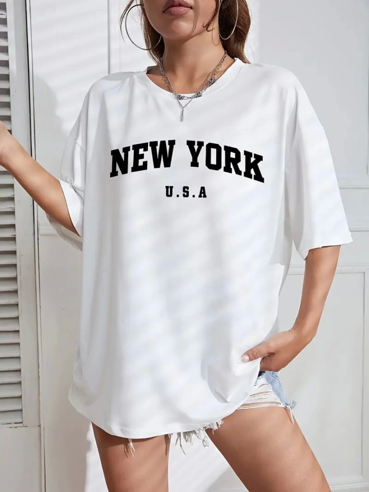 New York Baskılı Oversize Bisiklet Yaka T-shirt