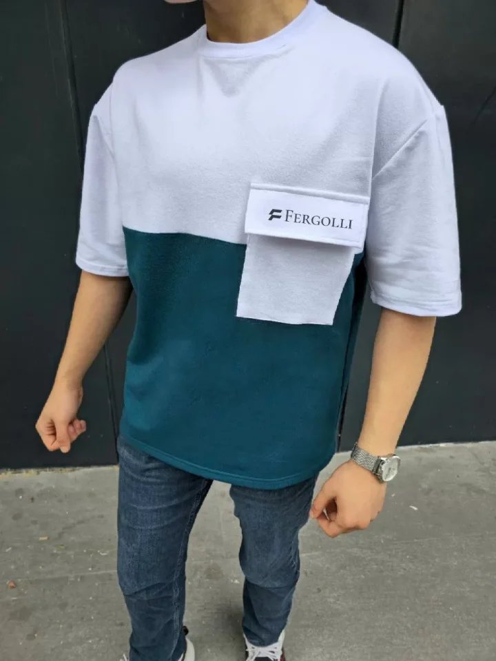 Unisex Torba Cep Detaylı  Parçalı T-Shirt