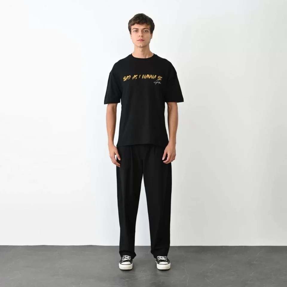 Unisex Bisiklet Yaka Baskılı Oversize T-Shirt