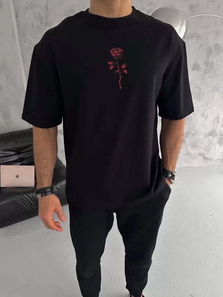 Unisex Bisiklet Yaka Baskılı Oversize T-Shirt