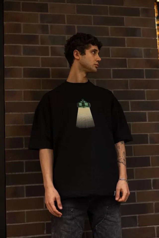 Unisex Bisiklet Yaka Baskılı Oversize T-Shirt